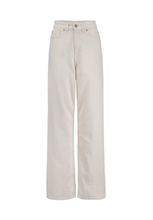 High-waist wijde broekspijpen jeans in off-white met knopen aan de voorkant, rits, lussen voor riem en een ontwerp met vijf zakken.