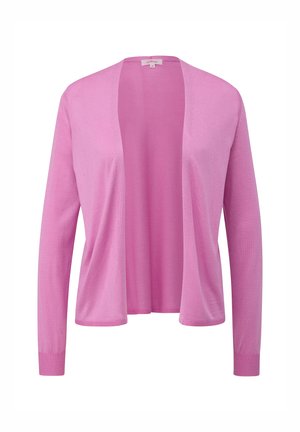 Cardigan rose clair avec une ouverture devant, des manches longues et des poignets côtelés. Fabriqué dans un tissu doux présentant une texture lisse.