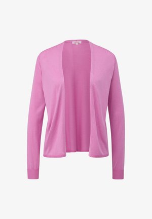 Cardigan rose clair avec une ouverture devant, des manches longues et des poignets côtelés. Fabriqué dans un tissu doux présentant une texture lisse.