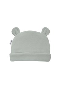 Helles grünes, geripptes Strickmütze mit umgeschlagenem Saum und zwei kleinen Ohren oben. Der Stoff ist weich mit einer strukturierten Oberfläche.