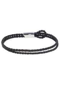 Black braided leather bracelet featuring a silver clasp with engraved branding. Two strands create a layered effect.
