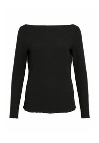 Czarna bluzka z długim rękawem i kwadratowym dekoltem, wykonana z teksturowanej tkaniny z wzorem w kratkę, z wykończeniem surowym na krawędziach.