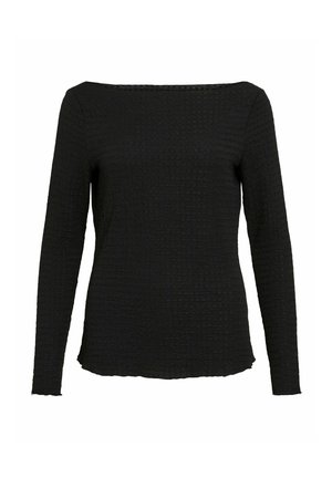 Sort langærmet top med firkantet halsudskæring, tekstureret stof med ternet mønster og rå kantdetaljer.