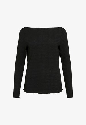 Svart långärmad topp med fyrkantig ringning, texturerat tyg med rutmönster och osydd kantdetalj.