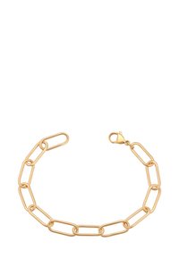Gouden schakels bracelet met langwerpige ovale schakels en een karabijnsluiting op een witte achtergrond.