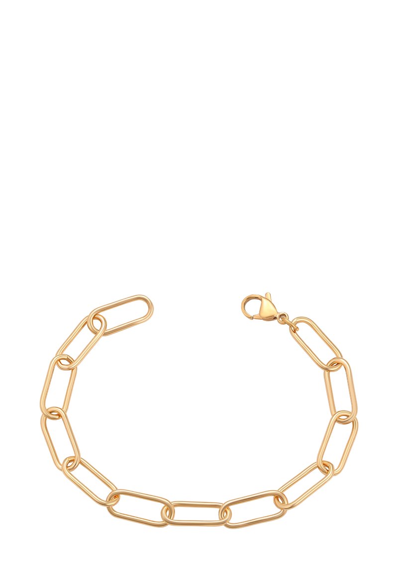 Gouden schakels bracelet met langwerpige ovale schakels en een karabijnsluiting op een witte achtergrond.