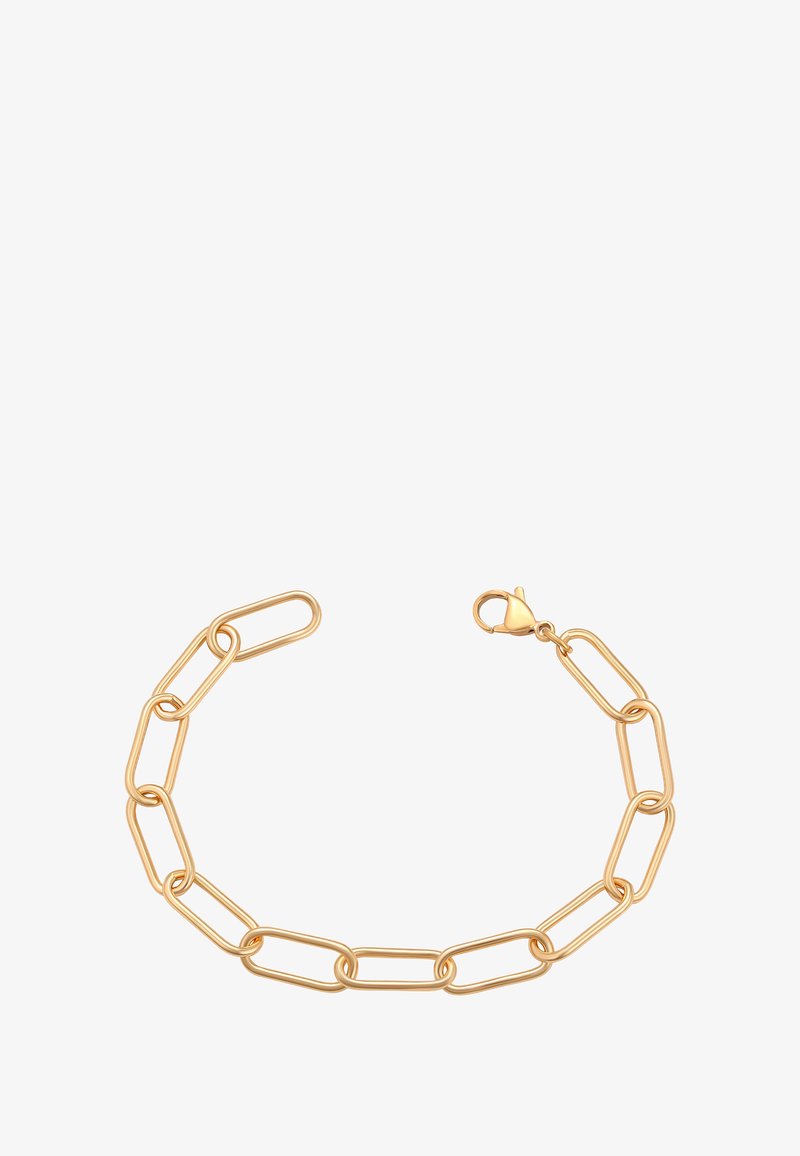 Arany lánc szemes karkötő megnyúlt ovális láncszemekkel és homárkapoccsal, fehér háttérrel.