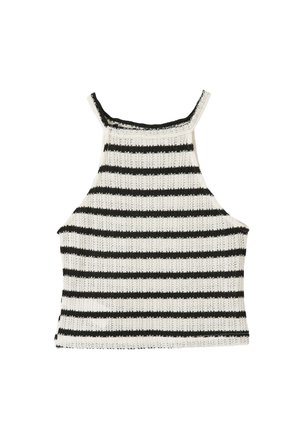 Gestreepte gebreide crop top met zwart-witte horizontale strepen, een hoge halslijn en schouderbanden in tankstijl met een gestructureerde afwerking.