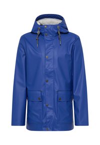 Blauwe waterdichte jas met capuchon, voorzien van zilverkleurige hardware, twee voorzakken en een gladde textuur.