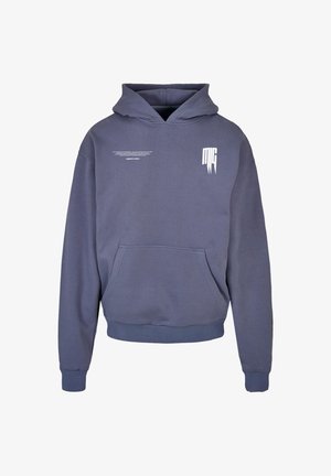Blauwgrijze capuchontrui met voorzak en klein wit "MG"-logo op de linkerborst en kleine witte tekst erboven.