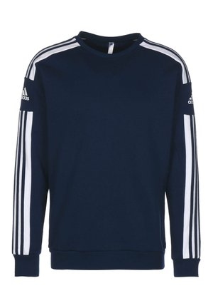 Marineblaue Adidas Sweatshirt mit weißen Dreistreifen-Details an den Ärmeln und Adidas-Logo auf beiden Oberarmen.