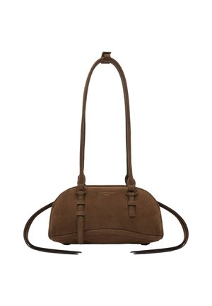 Braune Lederschultertasche mit langen Trägern, abgerundeter rechteckiger Form und dezentem Markenlogo in der Mitte vorne.