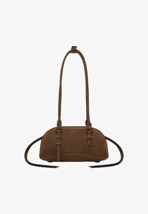 Brown leather shoulder bag with long straps, rounded rectangular shape, and subtle brand logo on front center.