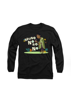 Black long-sleeve shirt featuring colorful cartoon graphics. Text reads "BRUNO NO NO NO NO" with a character holding a small animal, surrounded by flowers.