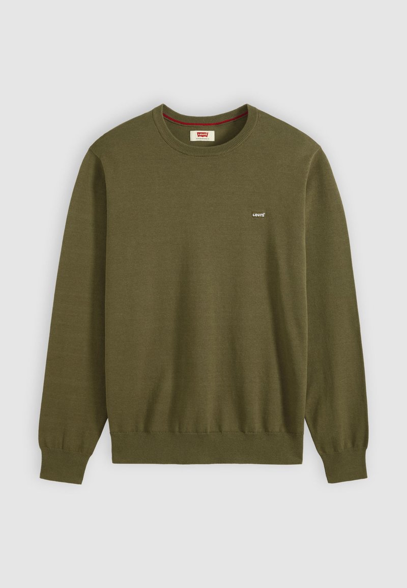 Olive green long-sleeve crew neck sweater with ribbed cuffs and hem, featuring a small white Levi's logo on the left chest.