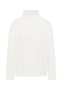 Biała bluzka z długim rękawem i kołnierzem typu golf, o dopasowanym kroju i prostym wzorze, wyeksponowana na płasko na białym tle.