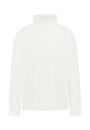 Valkoinen pitkähihaisilla turtleneck-paidalla, jossa on hyvin istuva kaula-aukko ja yksinkertainen muotoilu, esillä tasaisena valkoista taustaa vasten.