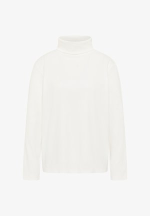 Vit långärmad polotröja med en åtsittande hals och enkel design, upphittad platt mot en vit bakgrund.