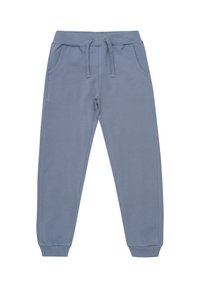 Pantalons de jogging bleu clair en tissu doux en mélange de coton. Comprend une taille élastique, un cordon de serrage et des poches sur les côtés. Poignets côtelés.