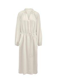 Langärmliges, knöchellanges Kleid in hellem Creme mit Mandarin-Kragen, Pull-Over-Stil, elastischen Manschetten und tailliertem Bindegürtel. Glattes Material.