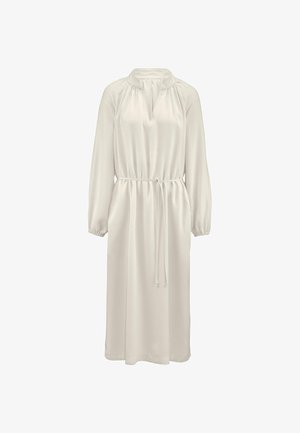 Langärmliges, knöchellanges Kleid in hellem Creme mit Mandarin-Kragen, Pull-Over-Stil, elastischen Manschetten und tailliertem Bindegürtel. Glattes Material.