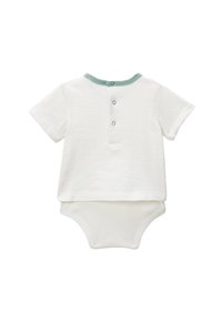 Un body en coton blanc à manches courtes, avec un col rond, des accents teal et des boutons-pression au dos. Texture lisse.