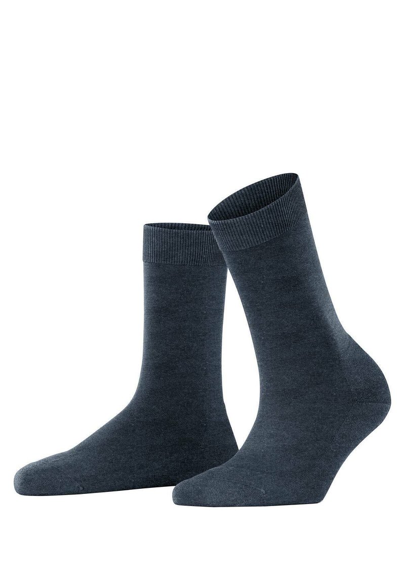 Calzini di cotone grigio scuro con un polsino a costine, di lunghezza media e texture liscia. Presentano una punta arrotondata e un design senza cuciture.