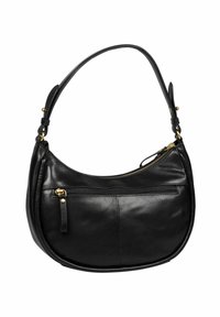 Borsa a tracolla in pelle nera a forma di mezzaluna, con una sola tracolla, tasca frontale con zip e fusibile dorato.