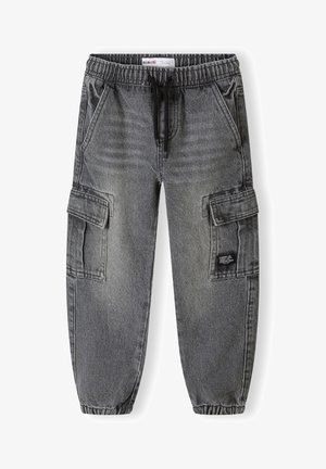Grey cargo pants with an elastic waistband, drawstring, tapered fit, side pockets, and a patch pocket with branding on the leg.