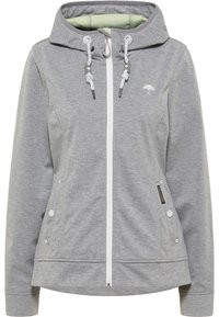 Szürke kapucnis dzseki elől cipzárral, állítható zsinórokkal és fém kiegészítőkkel. Oldalsó zsebekkel és puha tapintással rendelkezik.