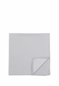 Gray rectangular textile with a textured pattern, featuring a folded corner showcasing a similar design. Material appears woven.