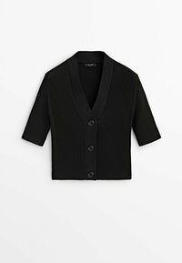 Schwarze gerippte Strickjacke mit V-Ausschnitt, kurzen Ärmeln und fünf Knöpfen vorne. Verfügt über einen strukturierten Stoff und eine figurbetonte Passform.