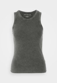 Top senza maniche, aderente, in cotone ribbed grigio scuro. Presenta un colletto rotondo e finiture pulite lungo i bordi. Design semplice e versatile.