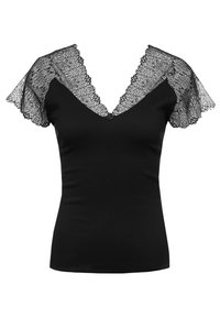 Svart topp i ribbad tyg med djup V-ringning och korta spetsärmar med intrikata vågiga kanter.