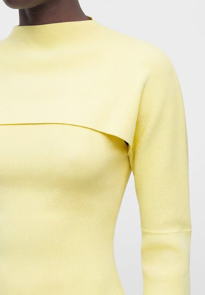 Κοντινό πλάνο ενός ατόμου που φοράει εφαρμοστό, ριμπ πλεκτό, ανοιχτό κίτρινο πουλόβερ με μακριά μανίκια και ψηλό λαιμό.