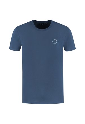 Navy blue cotton t-shirt with short sleeves, round neck, and a small circular logo on the left chest. Smooth texture, classic fit.