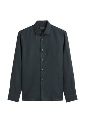 Dark green long-sleeve shirt made of textured fabric, featuring a pointed collar and five button closures down the front.