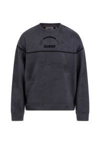 Donkergrijs sweatshirt met ronde hals, gemaakt van zachte stof, met zwarte bedrukte "California Dept" en "GUESS" logo's, in een relaxte pasvorm.