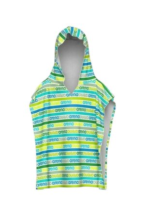 Poncho asciugamano con cappuccio per bambini, maniche corte, motivo a righe in blu, verde e giallo, marchiato con testo ripetuto "arena".