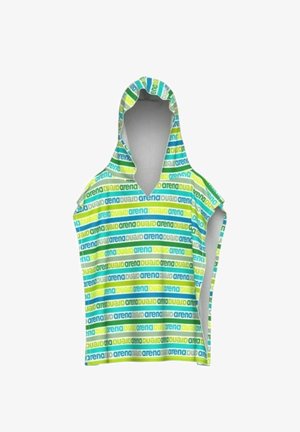 Poncho asciugamano con cappuccio per bambini, maniche corte, motivo a righe in blu, verde e giallo, marchiato con testo ripetuto "arena".