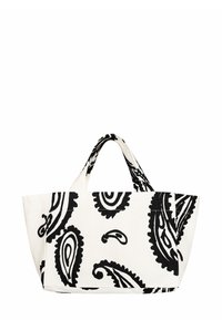 Czarny wzór paisley na białej torbie materiałowej z dwiema mocnymi rączkami; prostokątny kształt z szerokim otworem dla łatwego dostępu.