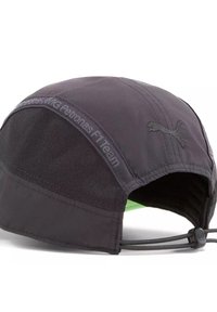 Zwarte pet met gaaspanelen en verstelbare band. Bevat het Puma-logo aan de zijkant en de tekst "Mercedes AMG Petronas F1 Team" langs de band.