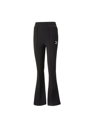 Melni flared sporta bikses ar elastīgu jostu, teksturētu audumu un balto Puma logo kreisajā augšstilbā. Piemērotas sporta aktivitātēm vai ikdienas valkāšanai.