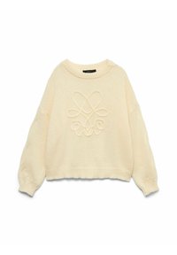 Krémový pletený svetr s texturovaným vzorem a vyšívaným motivem na přední straně. Má kulatý výstřih a balónové rukávy.