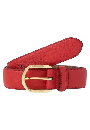 Ceinture en cuir rouge avec boucle dorée, coutures fines et initiales "R.L.L" embossées sur l'extrémité et la boucle.