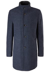 Cappotto in lana navy con colletto alto, cinque bottoni neri, tasche laterali e un motivo testurizzato. Design a taglio dritto. Interno foderato.