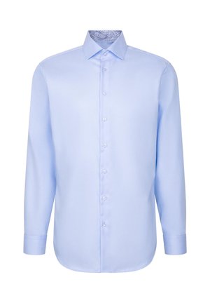 Hellblaues Langarmhemd mit durchgehendem Knopfleistenverschluss, kontrastierendem, gemustertem Kragen, glatter Textur und gerade geschnittenem Saum.