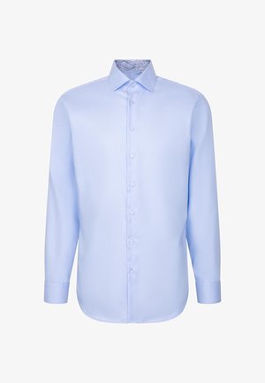 Lichtblauw shirt met lange mouwen, een knoopsluiting aan de voorkant, een contrasterende kraag met patroon, een gladde textuur en een rechte zoom.