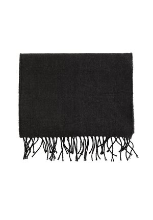 Écharpe noire en laine avec des bords frangés, de forme rectangulaire, texture lisse et un motif tissé subtil. Mesure environ 70 x 180 cm.