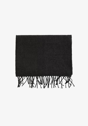 Écharpe noire en laine avec des bords frangés, de forme rectangulaire, texture lisse et un motif tissé subtil. Mesure environ 70 x 180 cm.